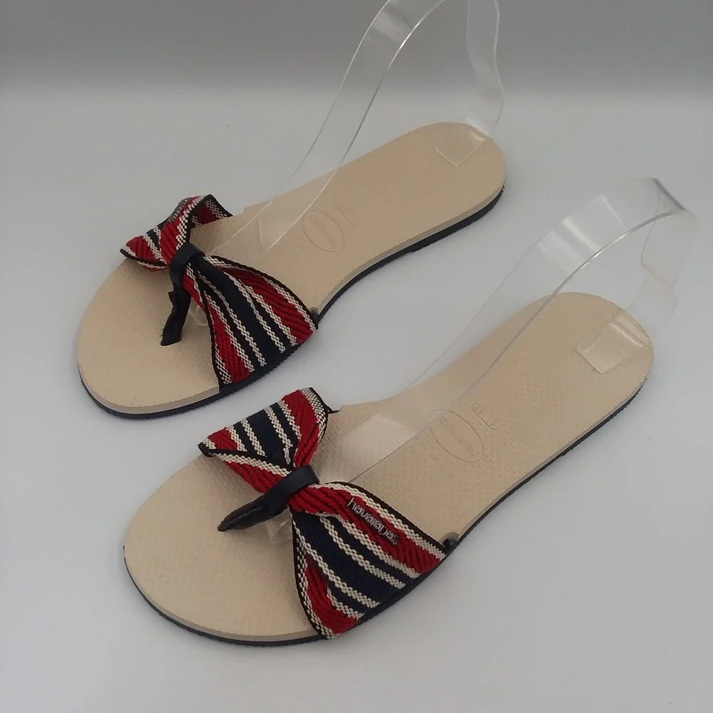 Havaianas Bow Flip Flops Thong‎ Sandals Striped Red Blue Beige Women's US11 EU43